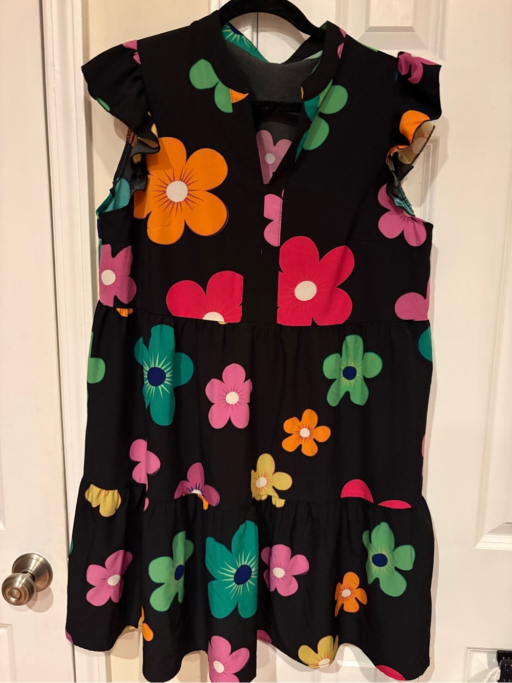 SHEIN Black Mini Dress with Bold Pink, Green, Orange & Yellow Floral Print